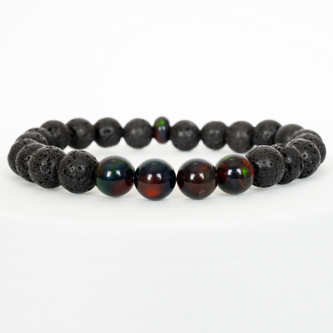 Black Ember Opalescence & Lava Stone Beaded Bracelet