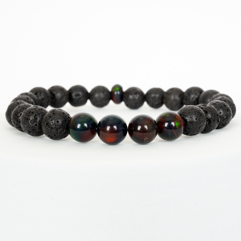 Black Ember Opalescence & Lava Stone Beaded Bracelet - New Design