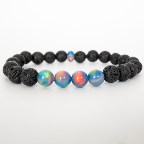 Blue Haze Opalescence & Lava Stone Beaded Bracelet