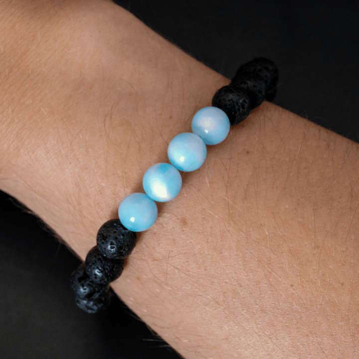 Crystal Blue Opalescence & Lava Stone Beaded Bracelet - The Opal Dealer