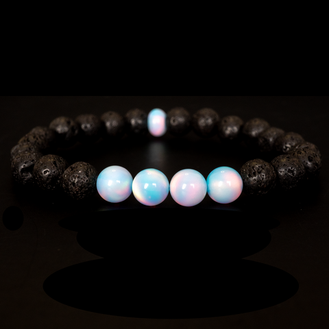 Crystal Blue Opalescence & Lava Stone Beaded Bracelet