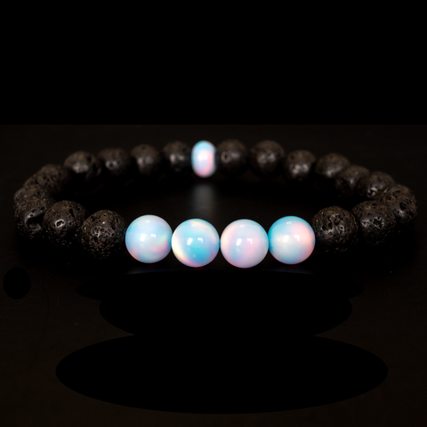 Crystal Blue Opalescence & Lava Stone Beaded Bracelet - New Design