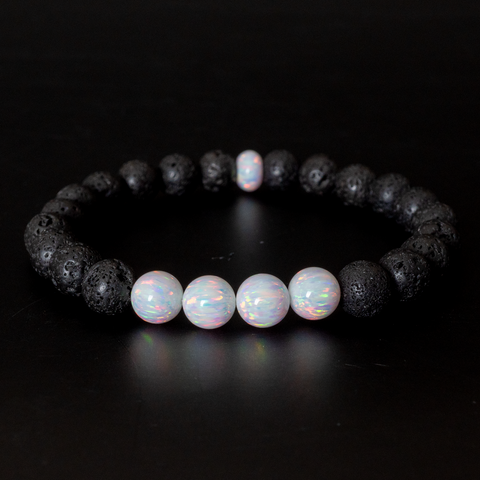 Pearl White Opal & Lava Stone Beaded Bracelet