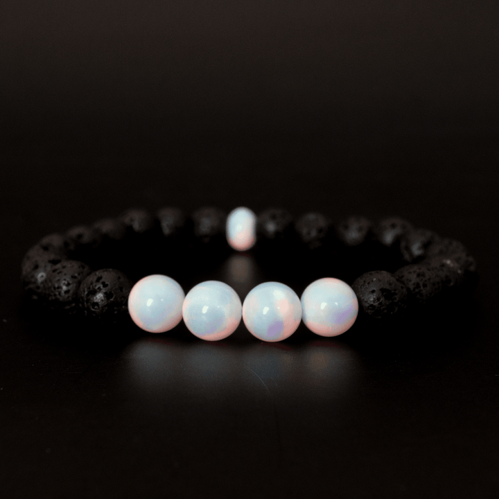 White Rainbow Opalescence & Lava Stone Beaded Bracelet - The Opal Dealer
