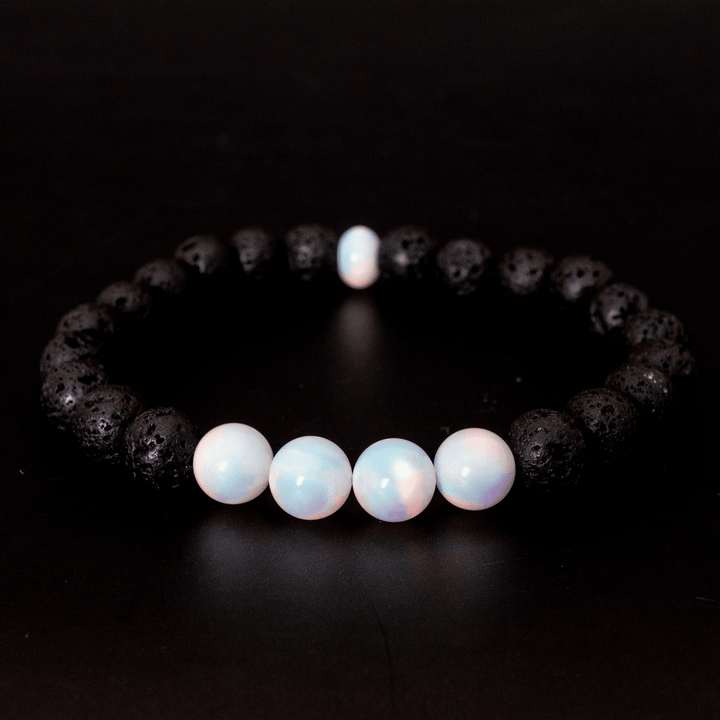 White Rainbow Opalescence & Lava Stone Beaded Bracelet - The Opal Dealer