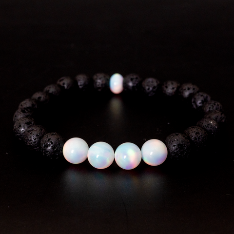 White Rainbow Opalescence & Lava Stone Beaded Bracelet