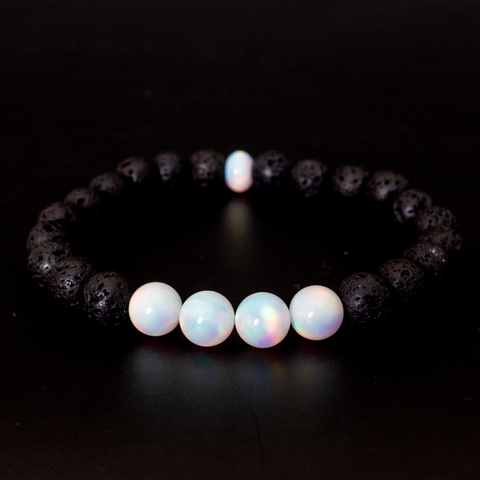 White Rainbow Opalescence & Lava Stone Beaded Bracelet - New Design