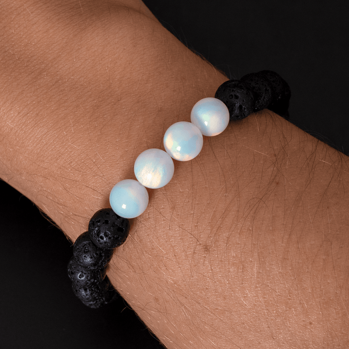 White Rainbow Opalescence & Lava Stone Beaded Bracelet - The Opal Dealer