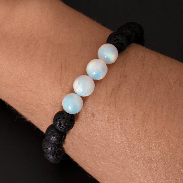 White Rainbow Opalescence & Lava Stone Beaded Bracelet - The Opal Dealer