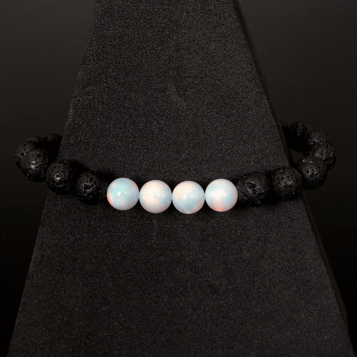 White Rainbow Opalescence & Lava Stone Beaded Bracelet - The Opal Dealer