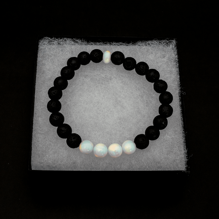 White Rainbow Opalescence & Lava Stone Beaded Bracelet - The Opal Dealer