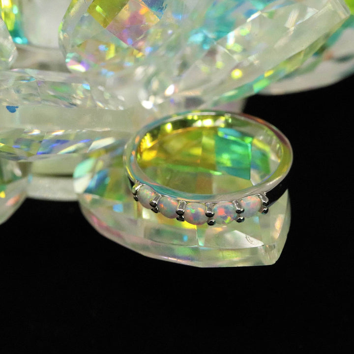 5 Stone Round Cut Pearl White Opal Ring - 925 Sterling Silver Stackable Ring - The Opal Dealer