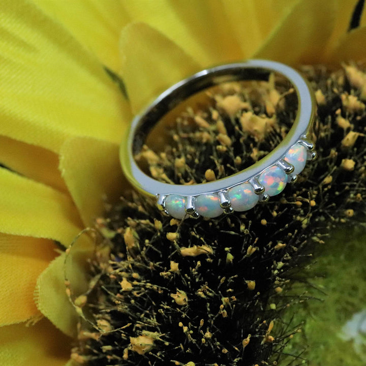 5 Stone Round Cut Pearl White Opal Ring - 925 Sterling Silver Stackable Ring - The Opal Dealer