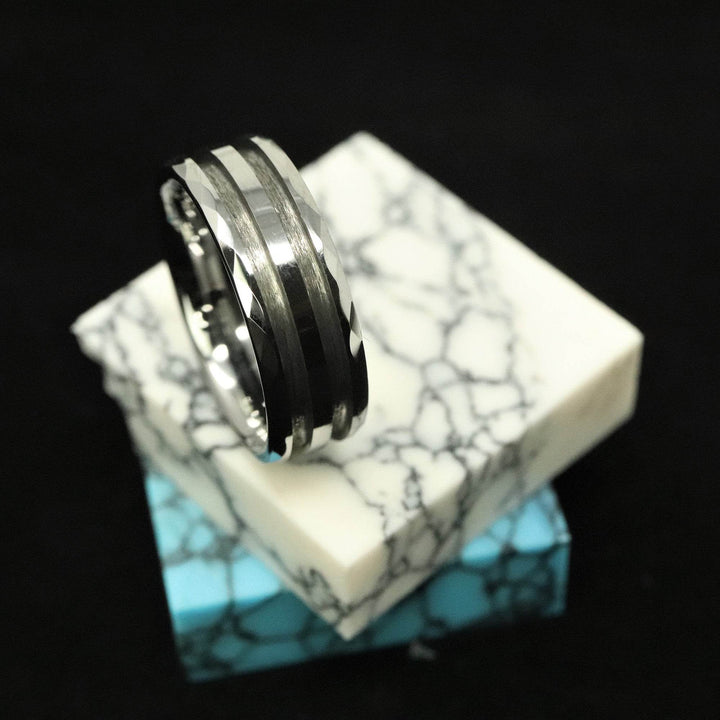 Faceted/Hammered Tungsten Double Channel Ring Blank 8mm Wide 1.5mm Channels - The Opal Dealer