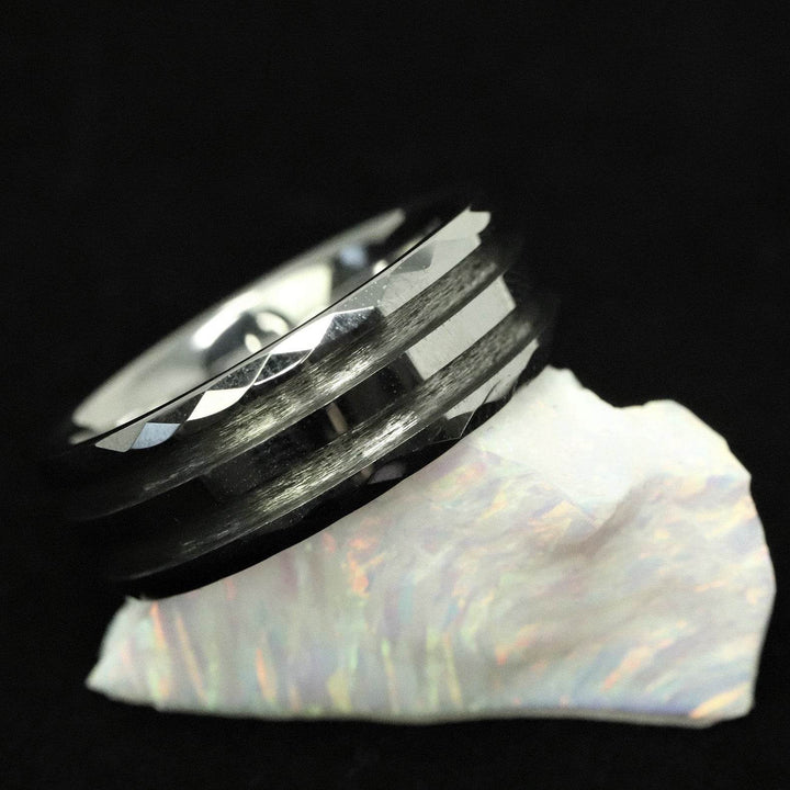 Faceted/Hammered Tungsten Double Channel Ring Blank 8mm Wide 1.5mm Channels - The Opal Dealer