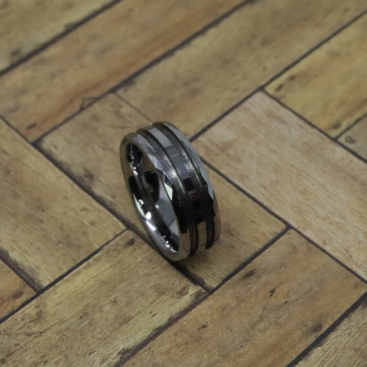 Faceted/Hammered Tungsten Double Channel Ring Blank 8mm Wide 1.5mm Channels - The Opal Dealer