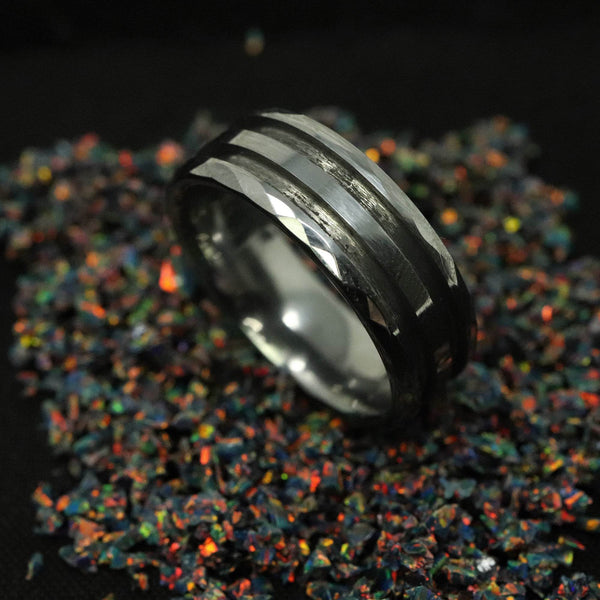 Faceted/Hammered Tungsten Double Channel Ring Blank 8mm Wide 1.5mm Channels - The Opal Dealer
