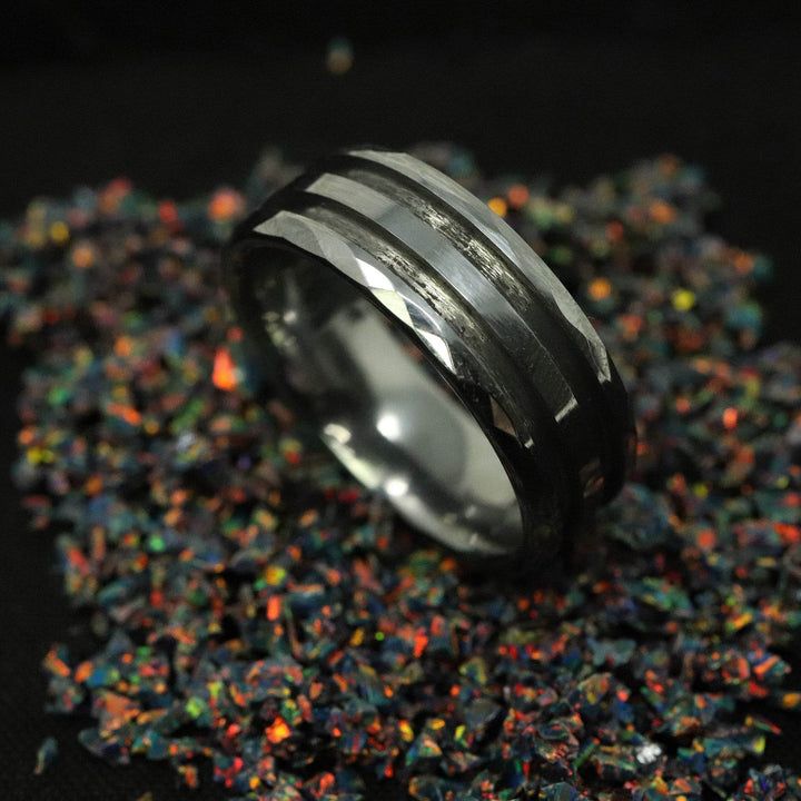 Faceted/Hammered Tungsten Double Channel Ring Blank 8mm Wide 1.5mm Channels - The Opal Dealer