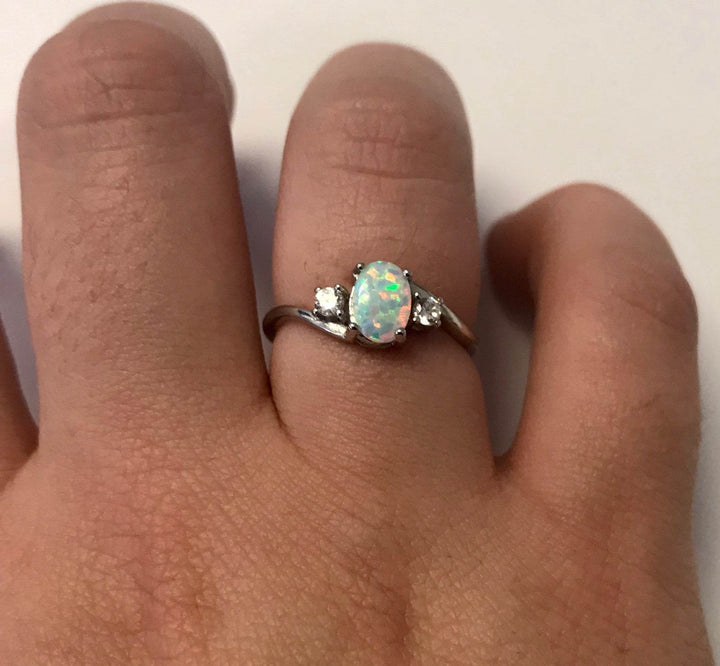 Oval Cut Pearl White Opal Ring with Cubic Zirconia - 925 Sterling Silver Statement Ring - The Opal Dealer
