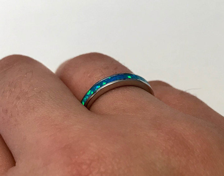3mm Single Band Pacific Sapphire Opal Ring - 925 Sterling Silver Stackable Ring - The Opal Dealer