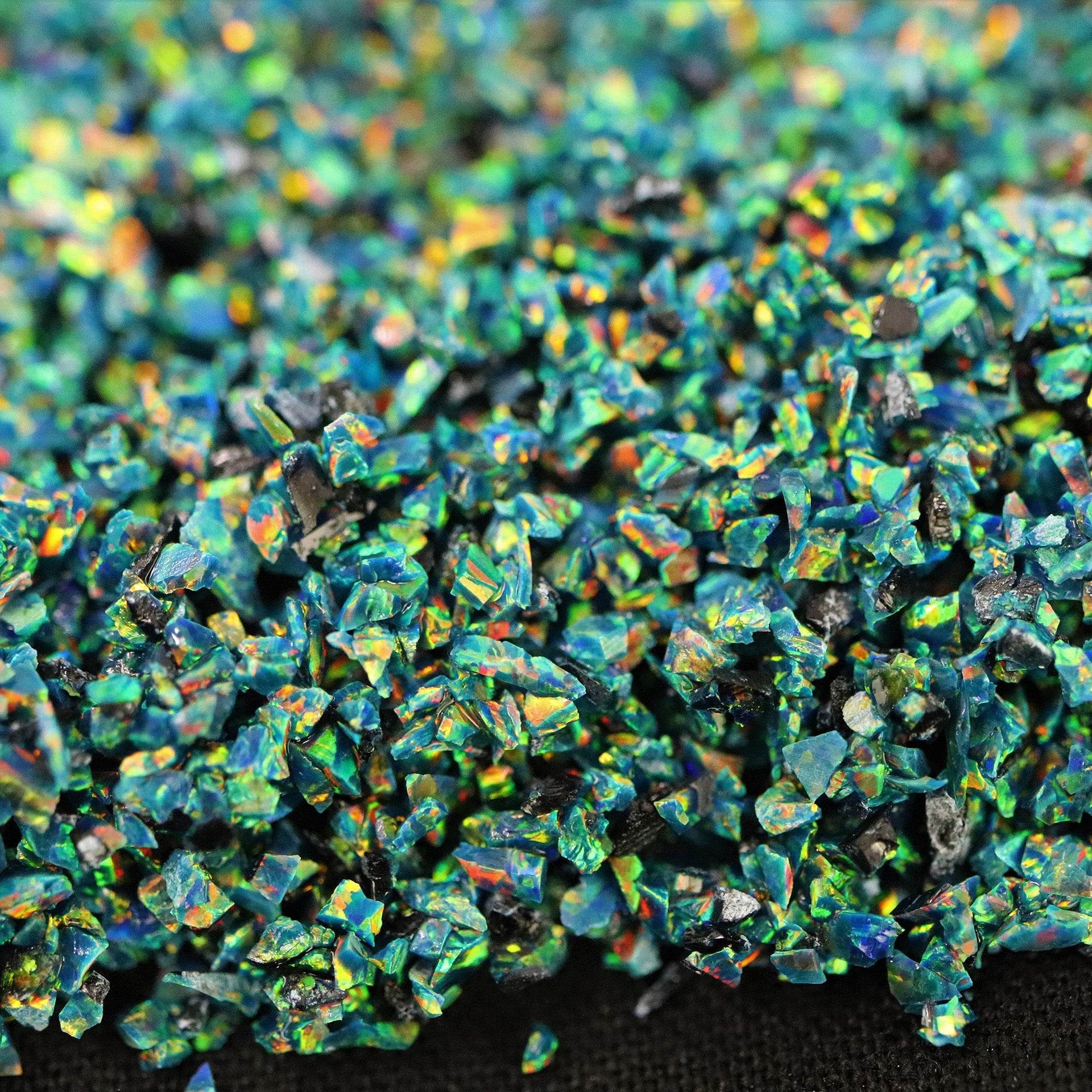 Deep Blue-Green Crushed Opal with Rainbow Fire Lab-Created Inlay
