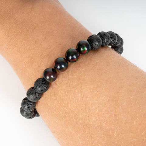 Black Ember Opalescence & Lava Stone Beaded Bracelet