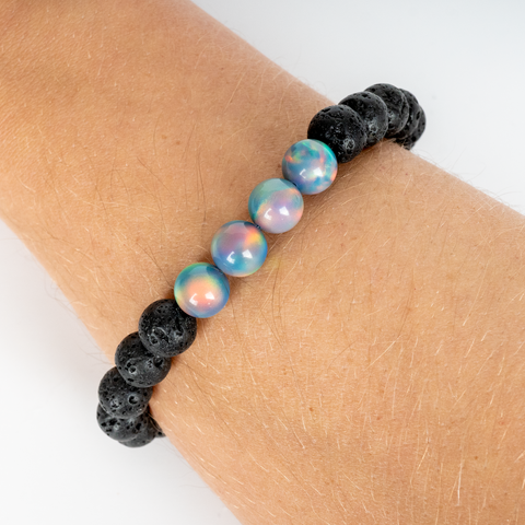 Blue Haze Opalescence & Lava Stone Beaded Bracelet