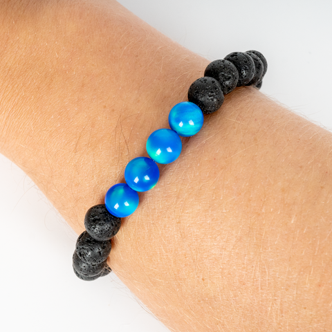 Ocean Blue Opalescence & Lava Stone Beaded Bracelet - New Design