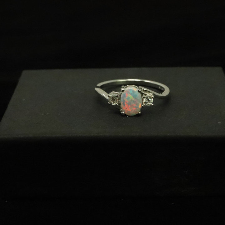 Oval Cut Pearl White Opal Ring with Cubic Zirconia - 925 Sterling Silver Statement Ring - The Opal Dealer
