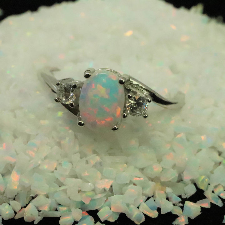 Oval Cut Pearl White Opal Ring with Cubic Zirconia - 925 Sterling Silver Statement Ring - The Opal Dealer