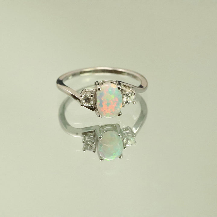 Oval Cut Pearl White Opal Ring with Cubic Zirconia - 925 Sterling Silver Statement Ring - The Opal Dealer