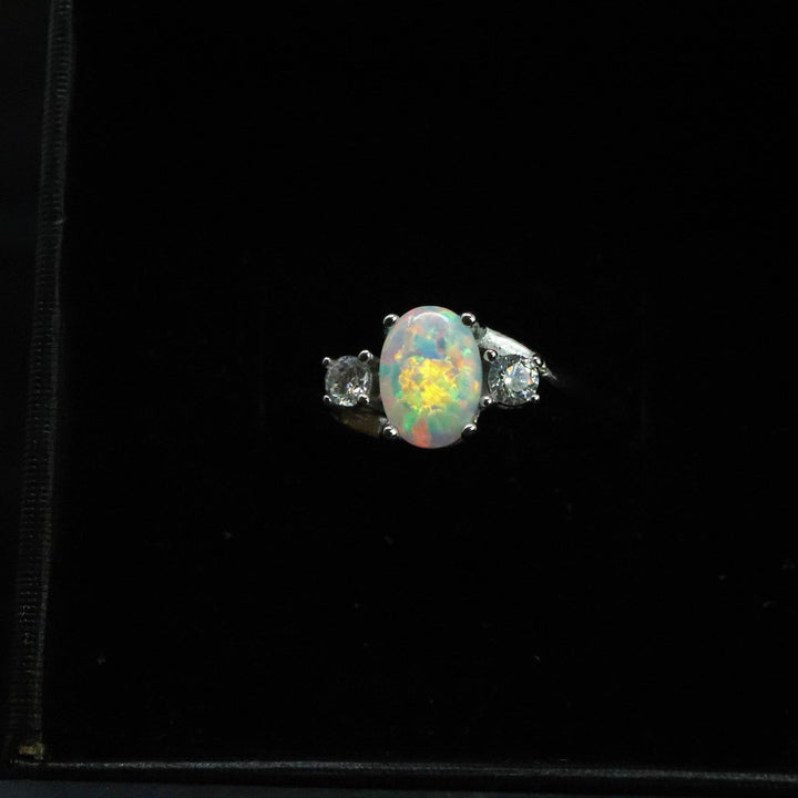 Oval Cut Pearl White Opal Ring with Cubic Zirconia - 925 Sterling Silver Statement Ring - The Opal Dealer