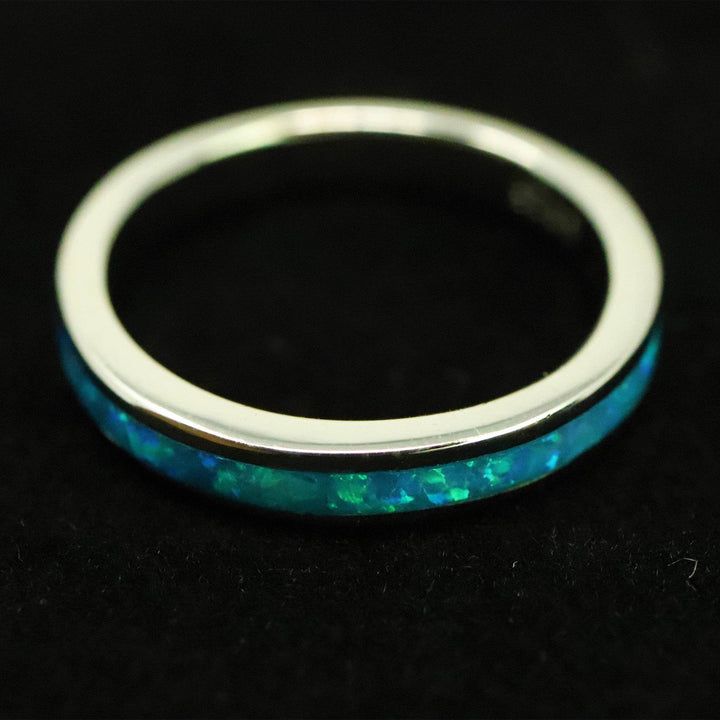3mm Single Band Pacific Sapphire Opal Ring - 925 Sterling Silver Stackable Ring - The Opal Dealer