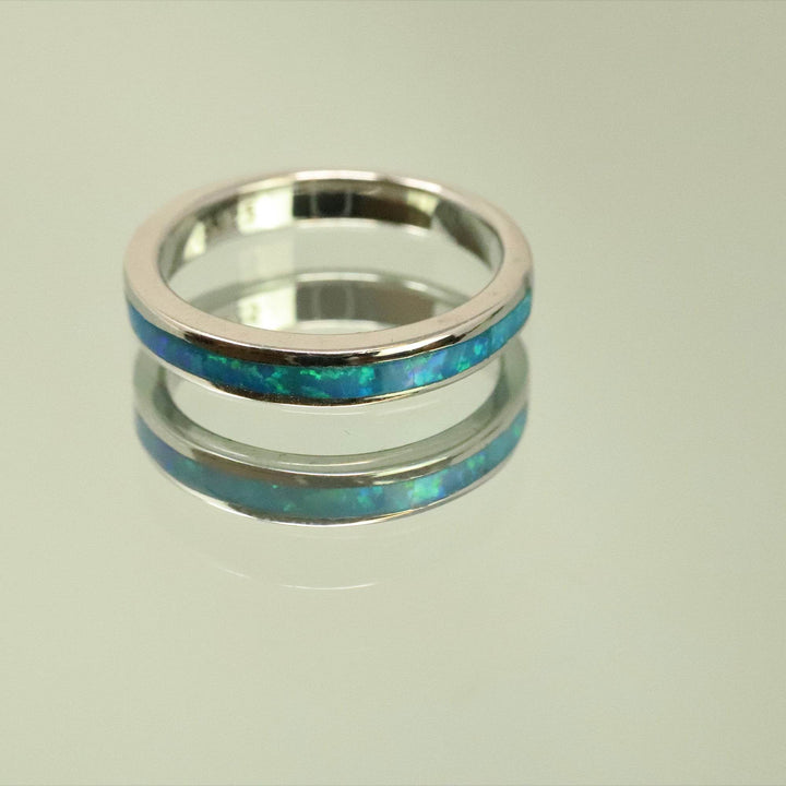 3mm Single Band Pacific Sapphire Opal Ring - 925 Sterling Silver Stackable Ring - The Opal Dealer