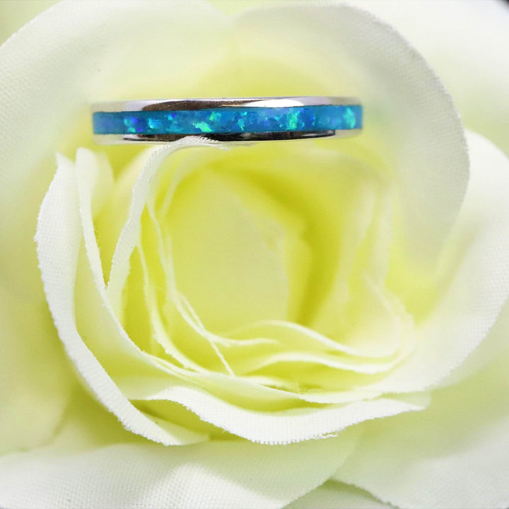 3mm Single Band Pacific Sapphire Opal Ring - 925 Sterling Silver Stackable Ring - The Opal Dealer