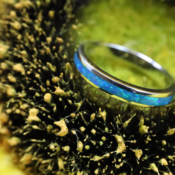 3mm Single Band Pacific Sapphire Opal Ring - 925 Sterling Silver Stackable Ring - The Opal Dealer
