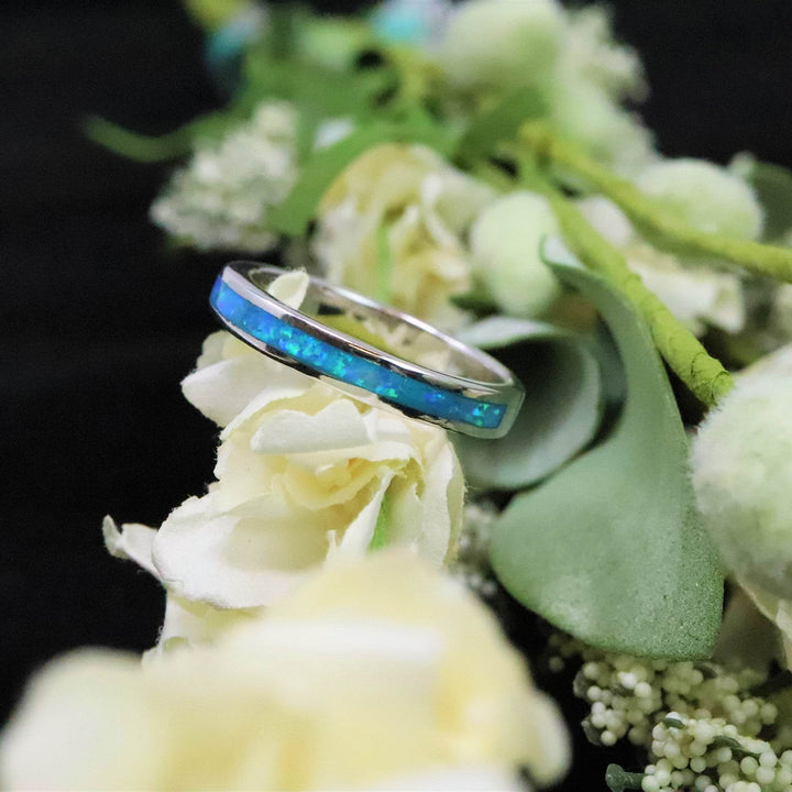 3mm Single Band Pacific Sapphire Opal Ring - 925 Sterling Silver Stackable Ring - The Opal Dealer