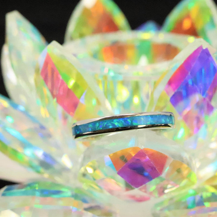 3mm Single Band Pacific Sapphire Opal Ring - 925 Sterling Silver Stackable Ring - The Opal Dealer
