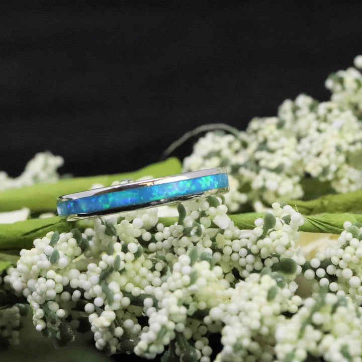 3mm Single Band Pacific Sapphire Opal Ring - 925 Sterling Silver Stackable Ring - The Opal Dealer