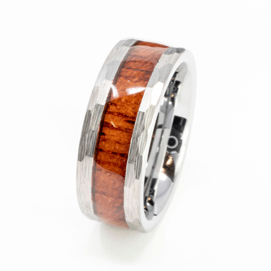 Faceted/Hammered Tungsten Koa Wood Ring - The Opal Dealer