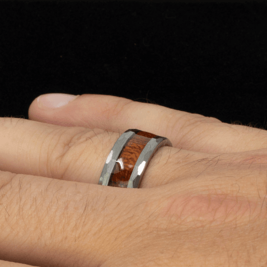 Faceted/Hammered Tungsten Koa Wood Ring - The Opal Dealer